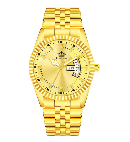 LIMESTONE Legacy Series Original Gold Plated Day Date Functioning | Stylish Chain | Quartz Legacy Series Original Gold Plated Day Date Functioning Quartz Analog Watch - For Men (RLX009)