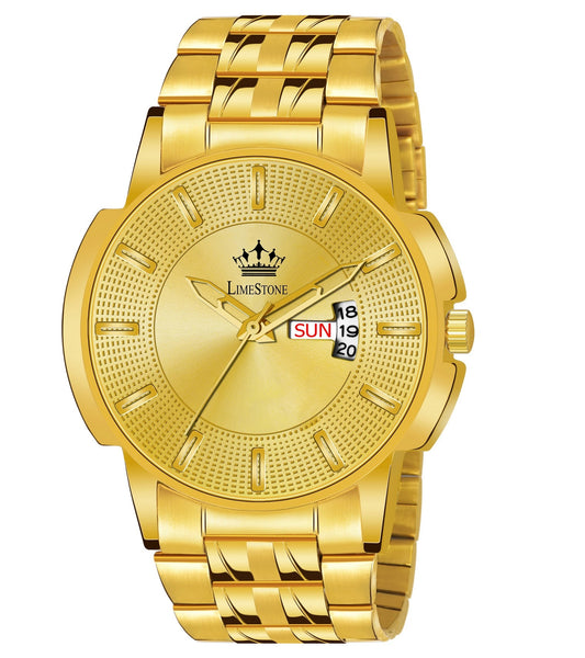 LIMESTONE Day & Date Original HMTS Gold Plated Adjustable HMTS Bracelet Quartz Analog Watch  - For Men (LS3061)