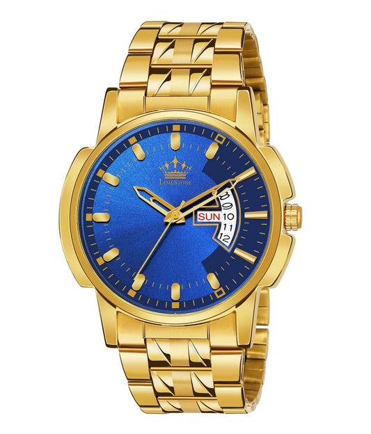 LIMESTONE Day & Date Original Gold Plated HMTS Adjsutable Bracelet Quartz Analog Watch - For Men (LS2892)