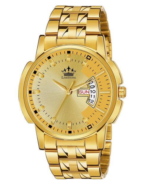 LIMESTONE Day & Date Original HMTS Gold Plated Adjsutable HMTS Bracelet Quartz Analog Watch - For Men (LS2890)