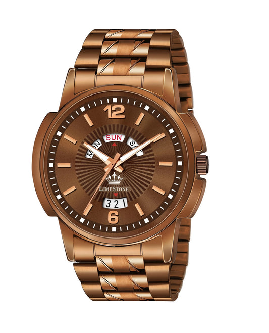 LIMESTONE Day & Date Functioning Original Copper Plated Brown Chain HMTS Quartz Analog Watch - For Men (LS3045)