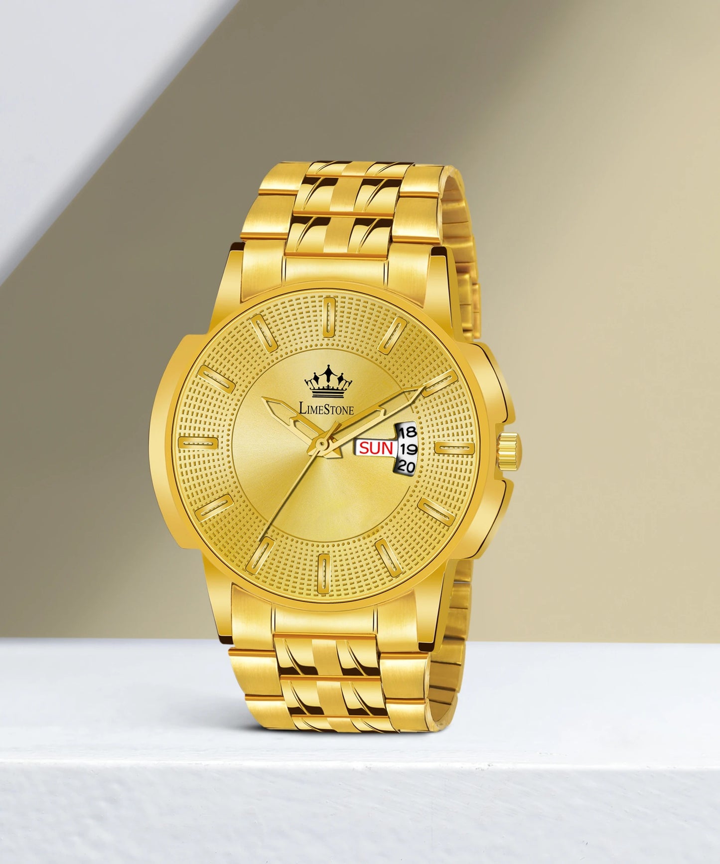LIMESTONE Day & Date Original HMTS Gold Plated Adjustable HMTS Bracelet Quartz Analog Watch  - For Men (LS3061)