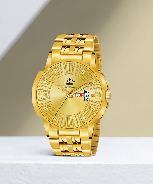 LIMESTONE Day & Date Original HMTS Gold Plated Adjustable HMTS Bracelet Quartz Analog Watch  - For Men (LS3061)