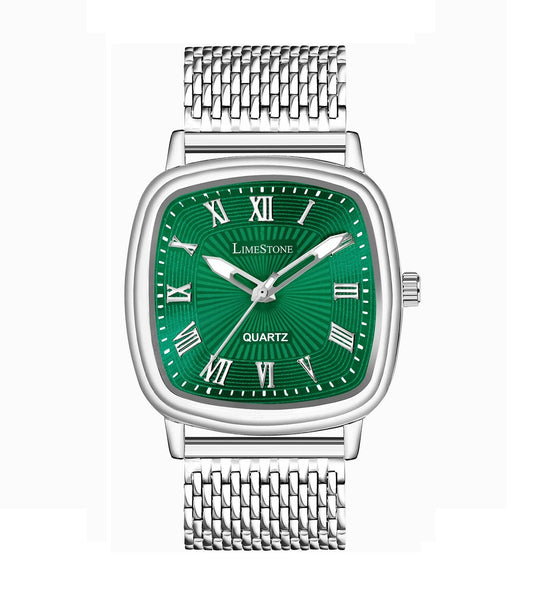 LIMESTONE Mesh Chain Stainless Steel Square Green Roman Quartz Analog Watch - For Men (LS3298)