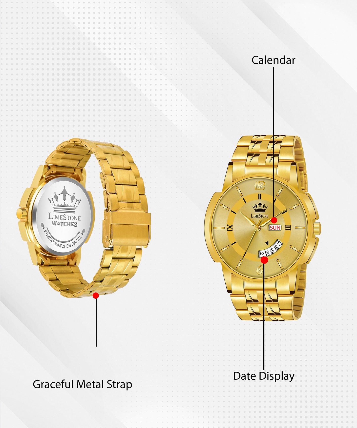 LIMESTONE Day & Date Original HMTS Gold Plated Adjsutable HMTS Bracelet Quartz Analog Watch - For Men (LS3062)