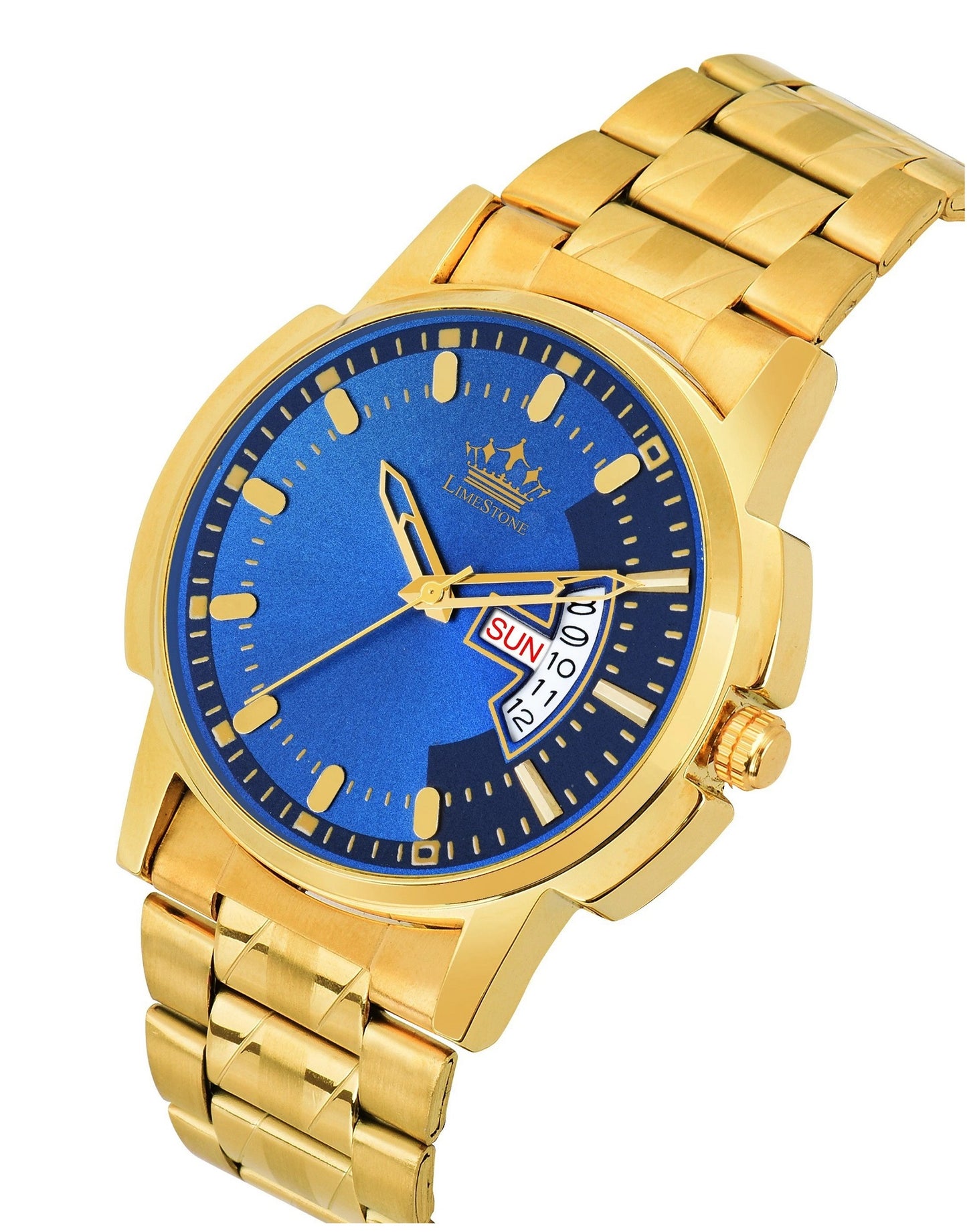 LIMESTONE Day & Date Original Gold Plated HMTS Adjsutable Bracelet Quartz Analog Watch - For Men (LS2892)