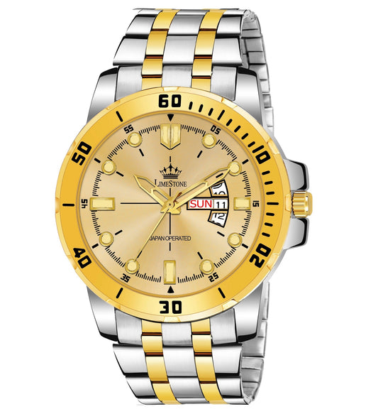 LIMESTONE Day & Date Functioning Original Gold Plated Adjustable Bracelet HMTS Quartz Analog Watch  - For Men (LS3072)