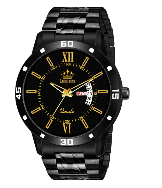 LIMESTONE All Black Day & Date Functioning Long Life Black Plated Chain HMTS Quartz Analog Watch - For Men (LS3047)