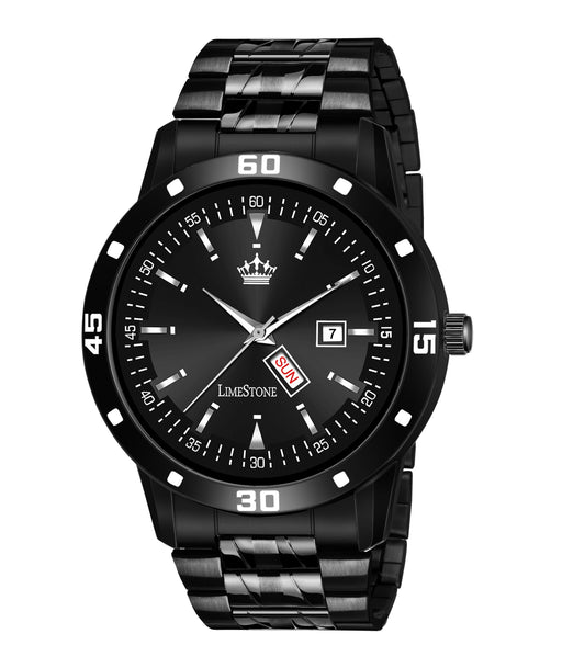 LIMESTONE All Black Day & Date Functioning Long Life Black Plated Chain HMTS Quartz Analog Watch - For Men (LS3050)