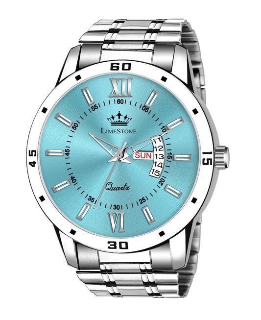 LIMESTONE Day and Date Function Ice Blue Dial Steel Chain Trending Quartz Analog Watch - For Men (LS3235)