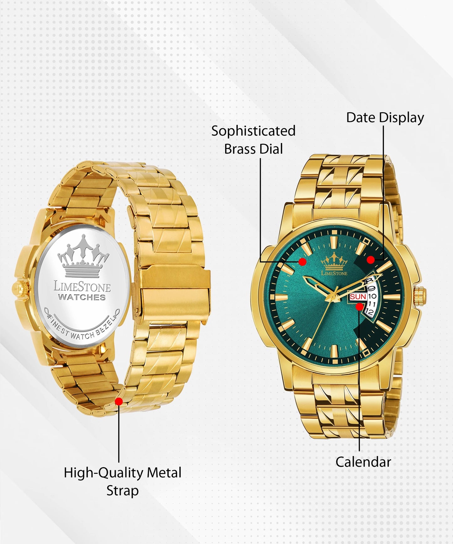 LIMESTONE Day & Date Original Gold Plated Adjsutable Bracelet HMTS Quartz Analog Watch - For Men (LS2897)