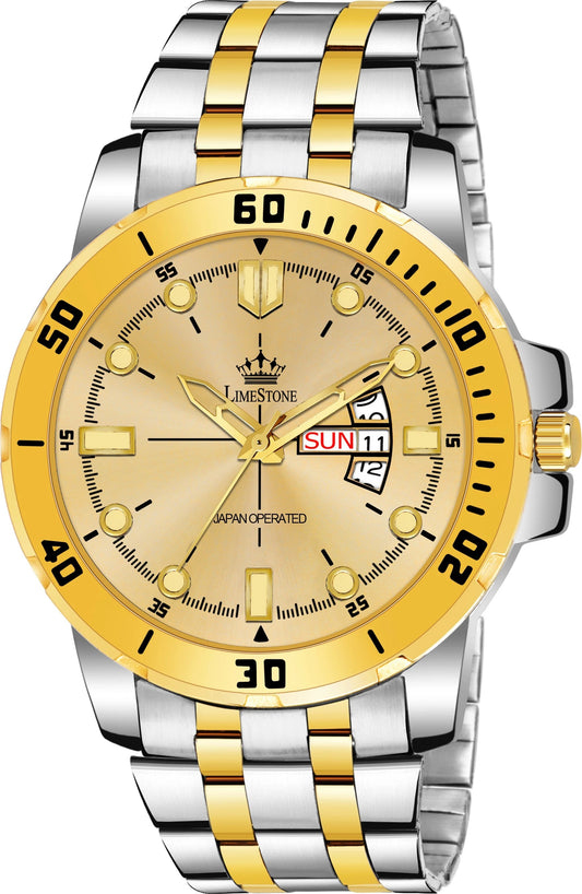 LIMESTONE Day & Date Functioning Original Gold Plated Adjustable Bracelet HMTS Quartz Analog Watch  - For Men (LS3072)