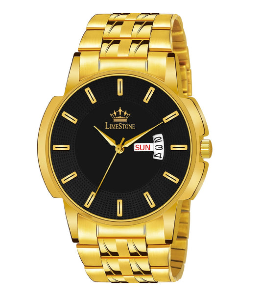 LIMESTONE Day & Date Functioning Original Gold Plated Adjustable Bracelet HMTS Quartz Analog Watch - For Men (LS3065)