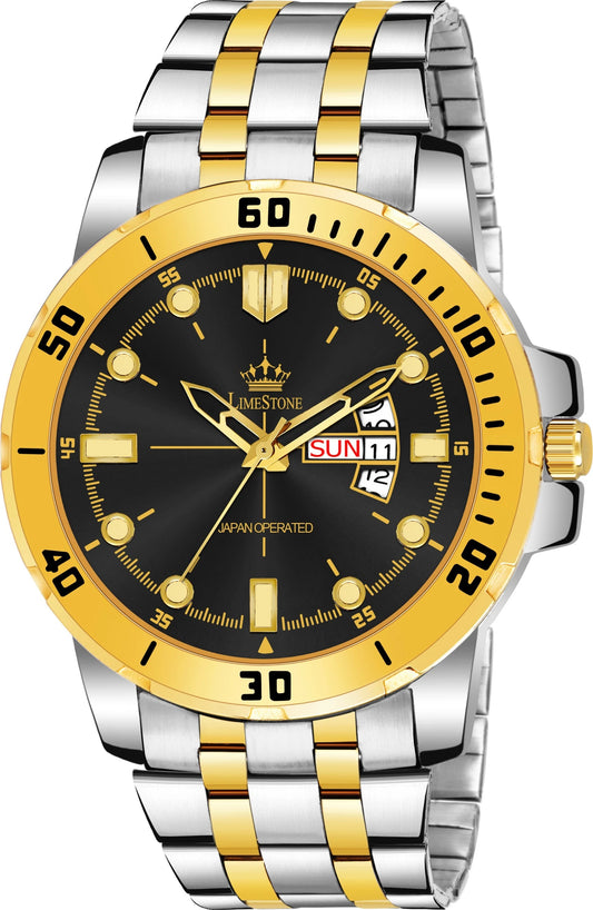 LIMESTONE Day & Date Functioning Original Gold Plated Adjustable Bracelet HMTS Quartz Analog Watch  - For Men (LS3071)