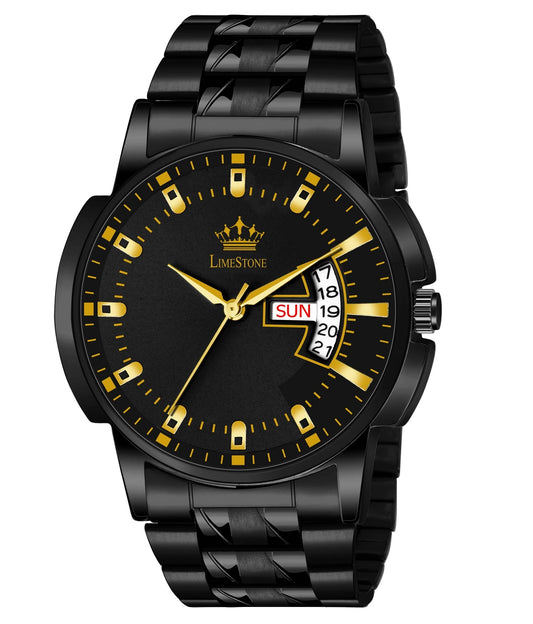 LIMESTONE All Black Day & Date Functioning Long Life Black Plated Chain HMTS Quartz Analog Watch - For Men (LS3059)