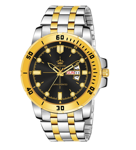LIMESTONE Day & Date Functioning Original Gold Plated Adjustable Bracelet HMTS Quartz Analog Watch  - For Men (LS3071)