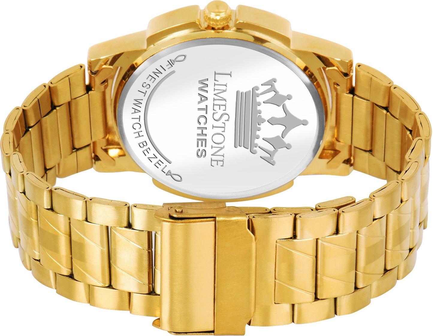 LIMESTONE Day & Date Original Gold Plated HMTS Adjsutable Bracelet Quartz Analog Watch - For Men (LS2892)