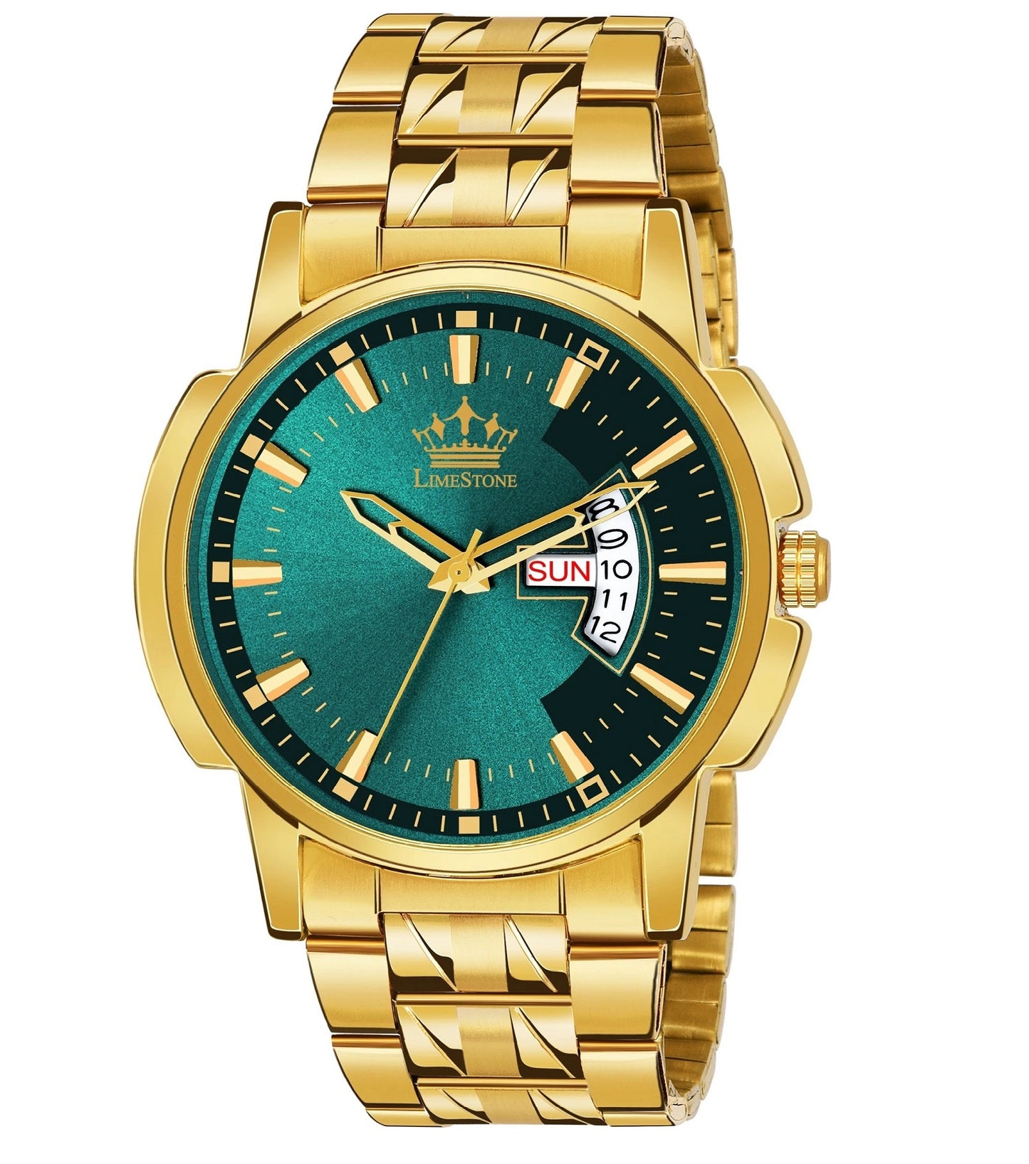 LIMESTONE Day & Date Original Gold Plated Adjsutable Bracelet HMTS Quartz Analog Watch - For Men (LS2897)