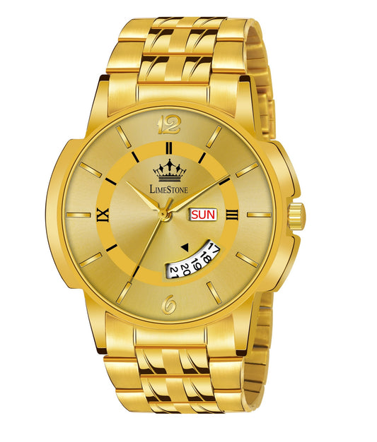 LIMESTONE Day & Date Original HMTS Gold Plated Adjsutable HMTS Bracelet Quartz Analog Watch - For Men (LS3062)