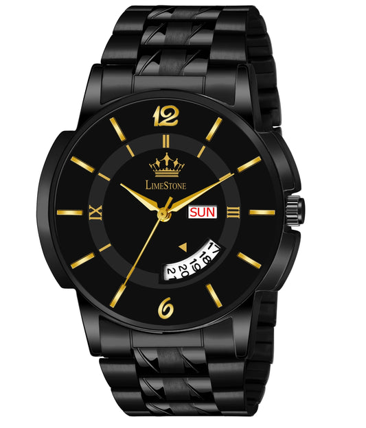LIMESTONE All Black Day & Date Functioning Long Life Black Plated Chain HMTS Quartz Analog Watch - For Men (LS3078)