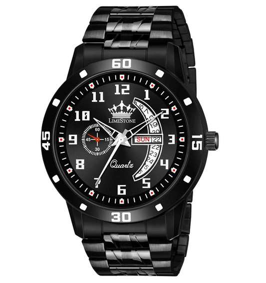 LIMESTONE All Black Day & Date Functioning Long Life Black Plated Chain HMTS Quartz Analog Watch - For Men (LS3049)