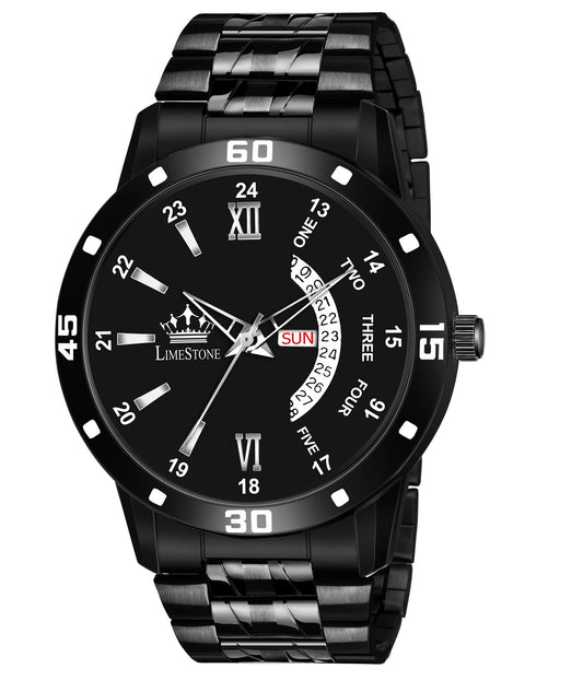 LIMESTONE All Black Day & Date Functioning Long Life Black Plated Chain HMTS Quartz Analog Watch - For Men (LS3046)