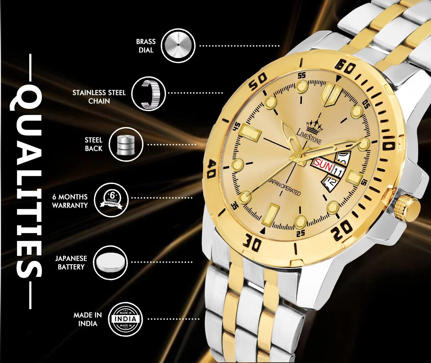 LIMESTONE Day & Date Functioning Original Gold Plated Adjustable Bracelet HMTS Quartz Analog Watch  - For Men (LS3072)