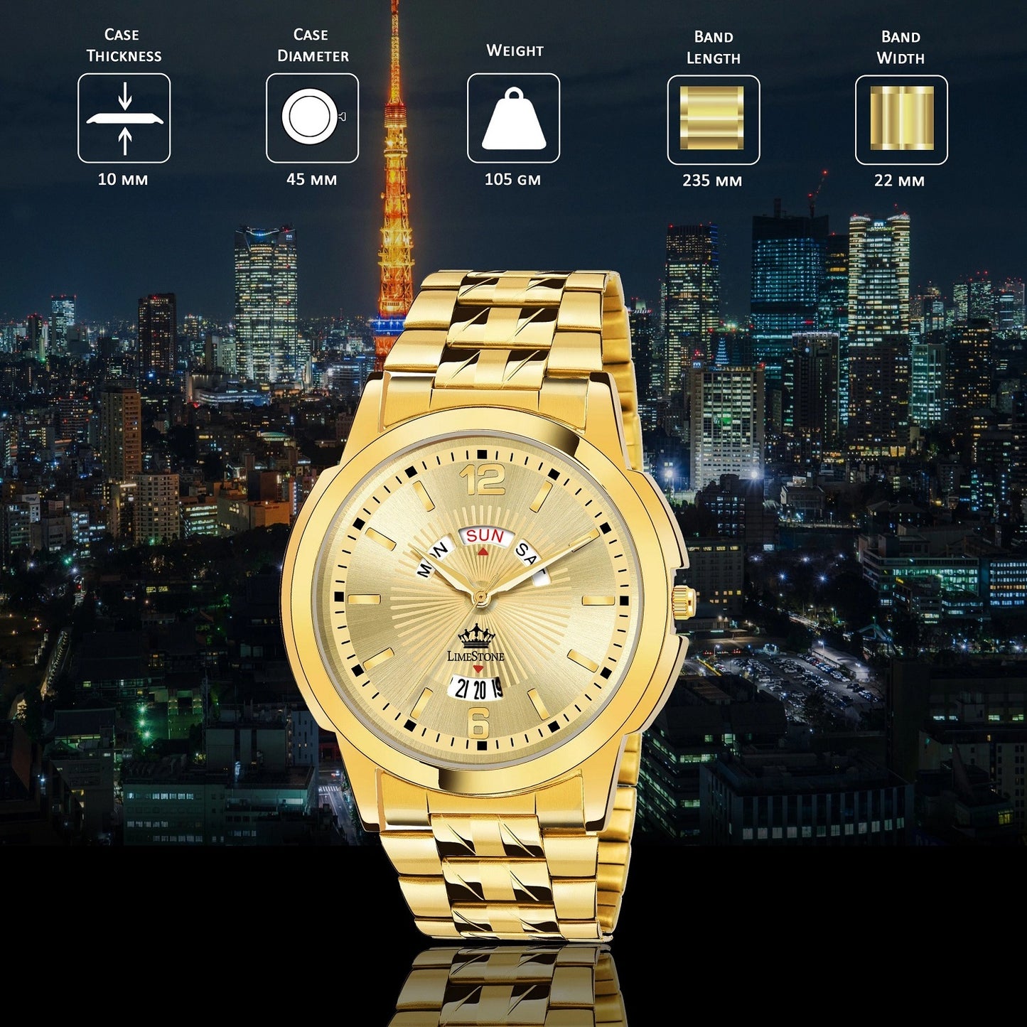 LIMESTONE Day & Date Original Gold Plated HMTS Quartz Analog Watch - For Men (LS2811)