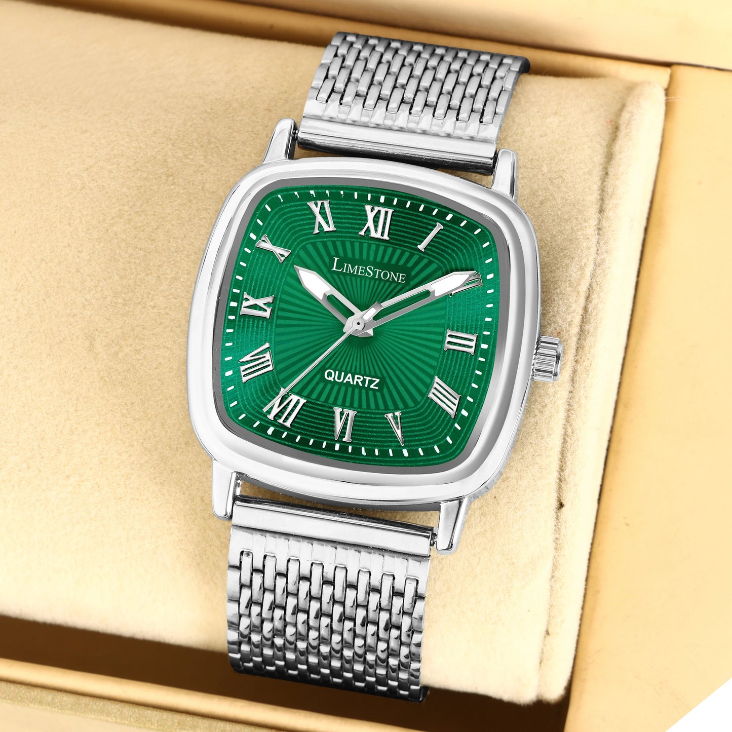 LIMESTONE Mesh Chain Stainless Steel Square Green Roman Quartz Analog Watch - For Men (LS3298)