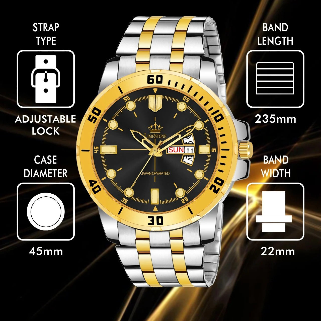 LIMESTONE Day & Date Functioning Original Gold Plated Adjustable Bracelet HMTS Quartz Analog Watch  - For Men (LS3071)