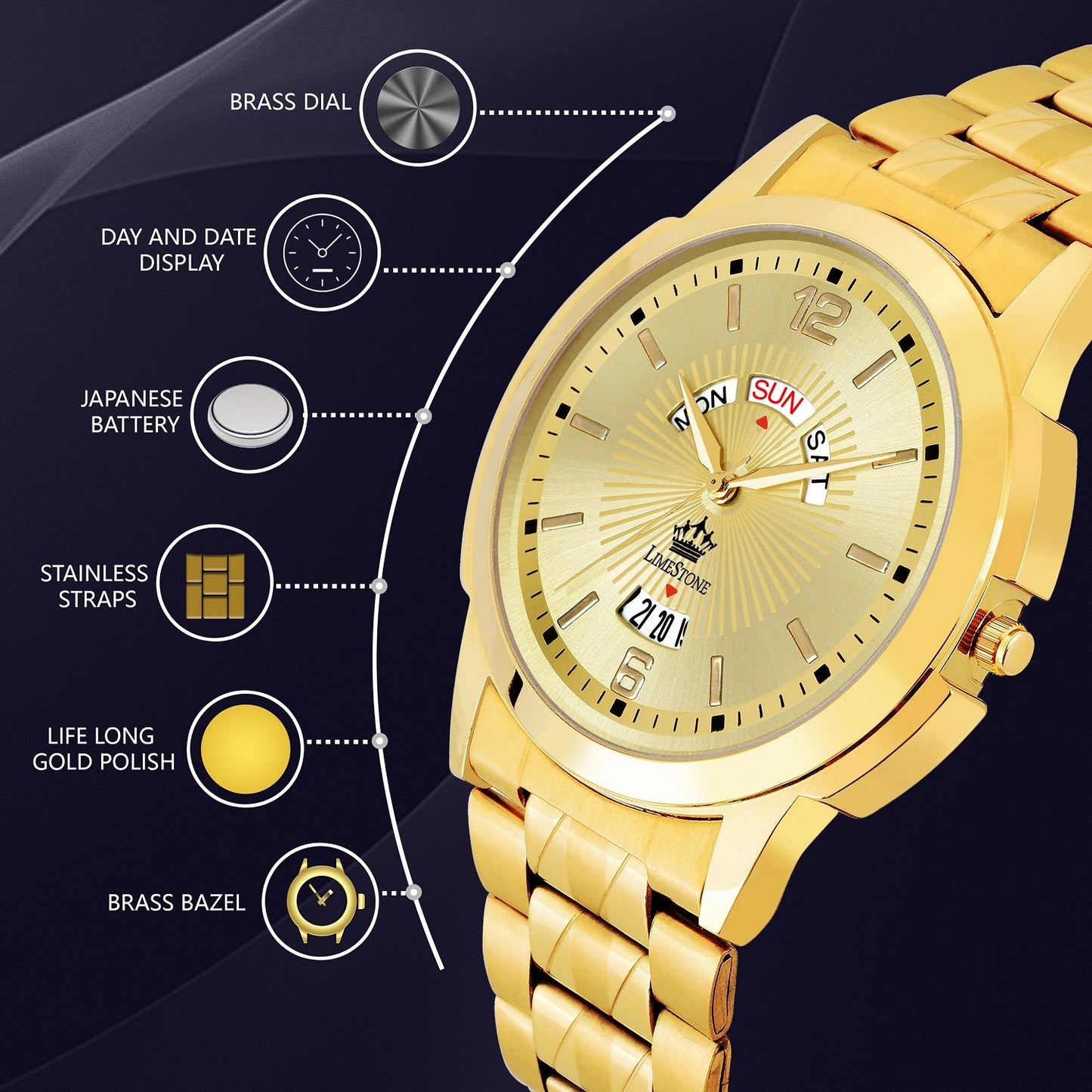 LIMESTONE Day & Date Original Gold Plated HMTS Quartz Analog Watch - For Men (LS2811)