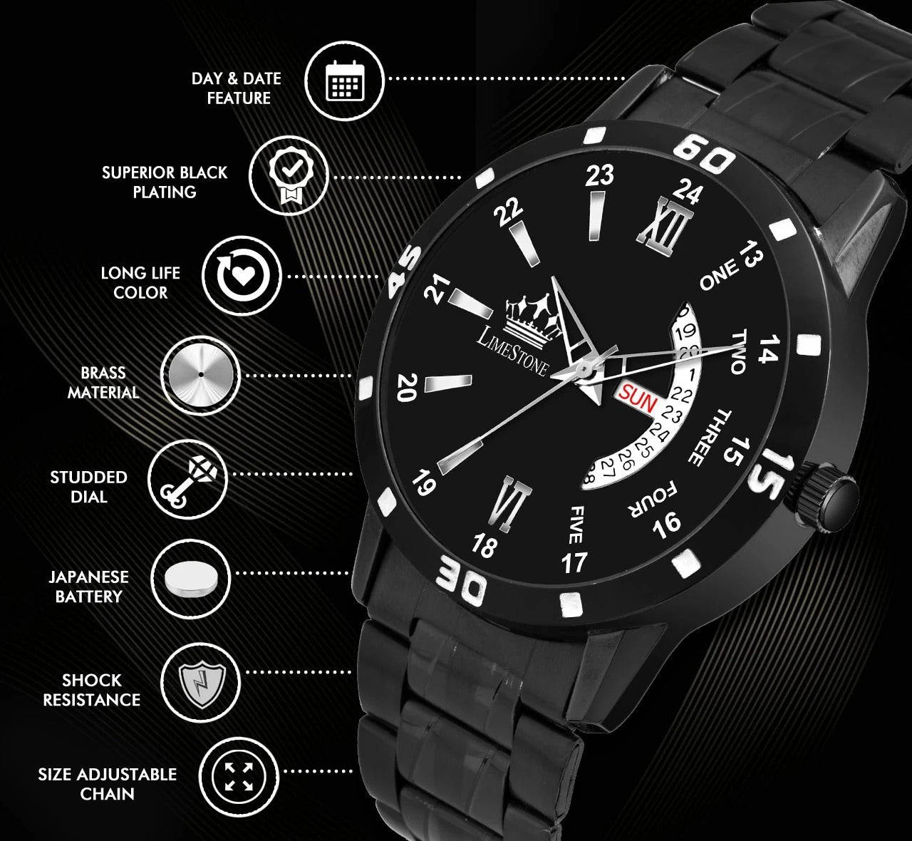 LIMESTONE All Black Day & Date Functioning Long Life Black Plated Chain HMTS Quartz Analog Watch - For Men (LS3046)
