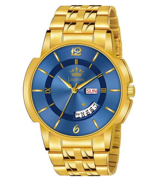 LIMESTONE Day & Date Functioning Original Gold Plated Adjustable Chain HMTS Quartz Analog Watch - For Men (LS3063)