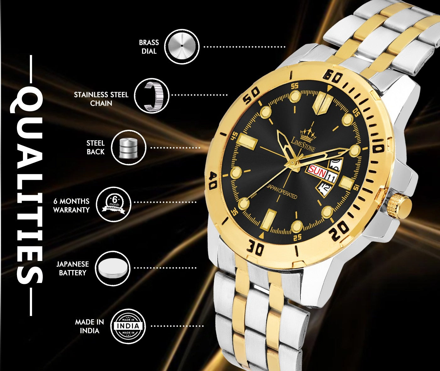 LIMESTONE Day & Date Functioning Original Gold Plated Adjustable Bracelet HMTS Quartz Analog Watch  - For Men (LS3071)