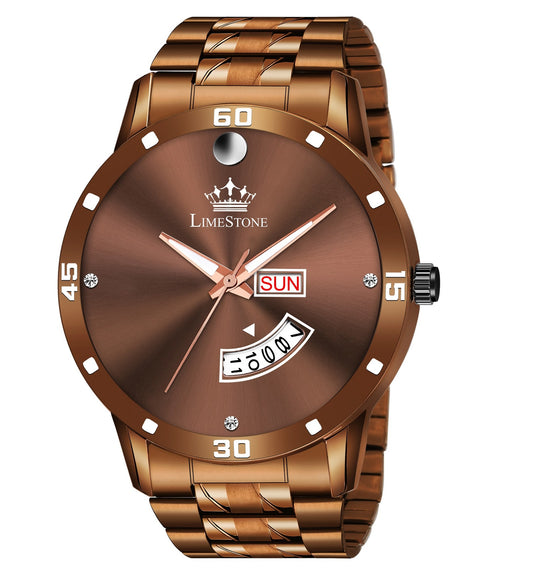 LIMESTONE HMTS Day & Date Functioning Original Copper Plated Brown Chain HMTS Quartz Analog Watch - For Men (LS3044)